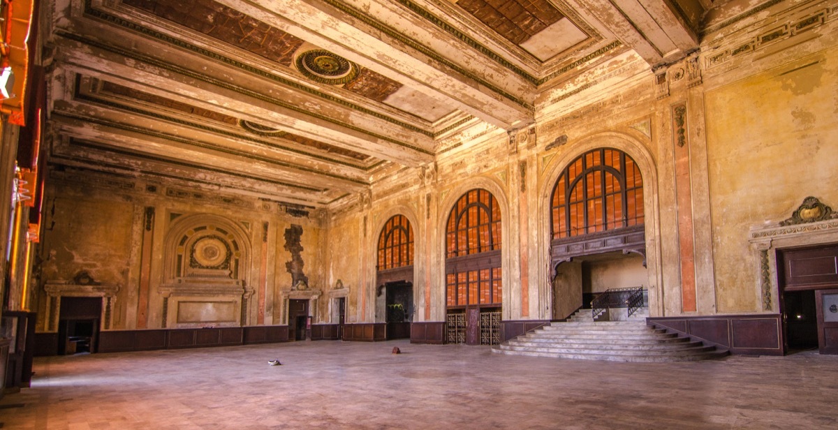 crumbling interior of a beaux arts train station