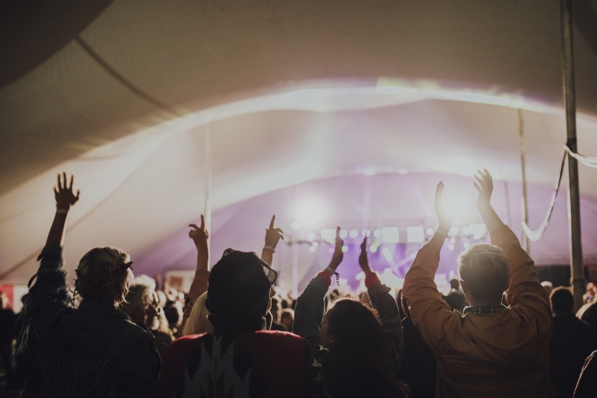 Crowd at a music festival with hands raised in the air.