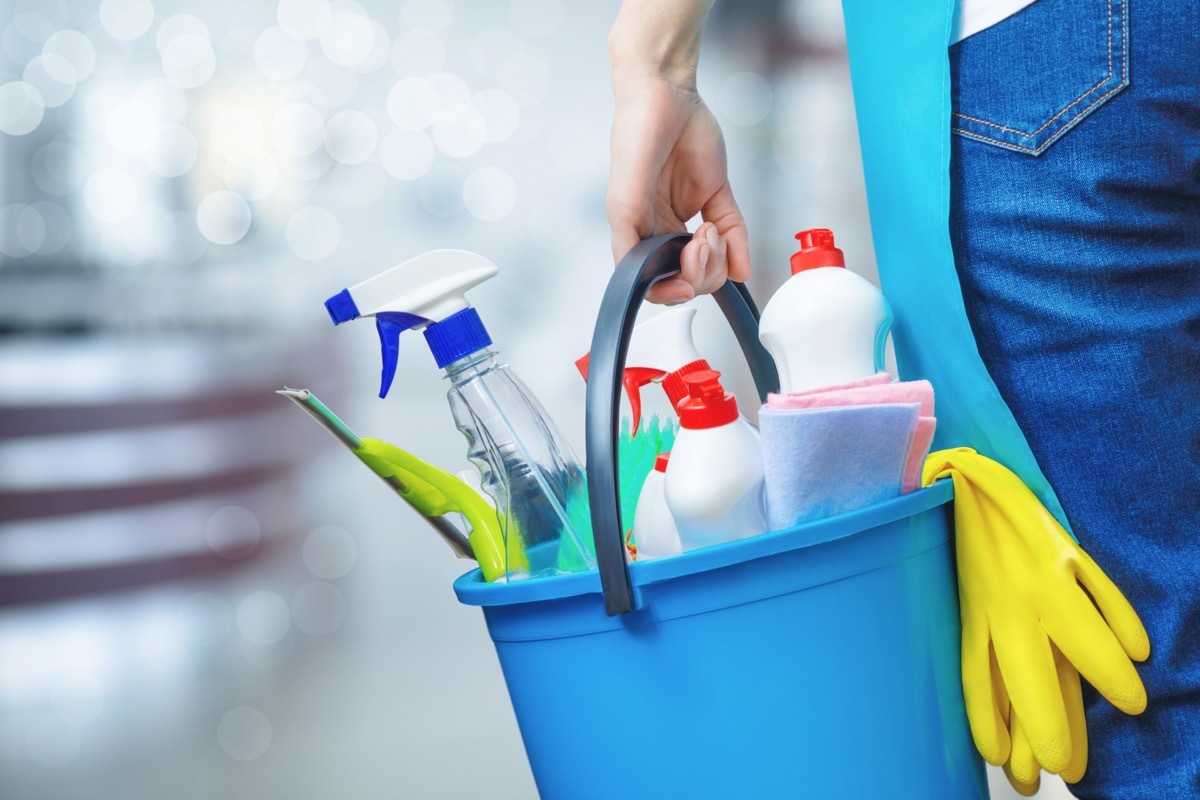 cleaning products in bucket