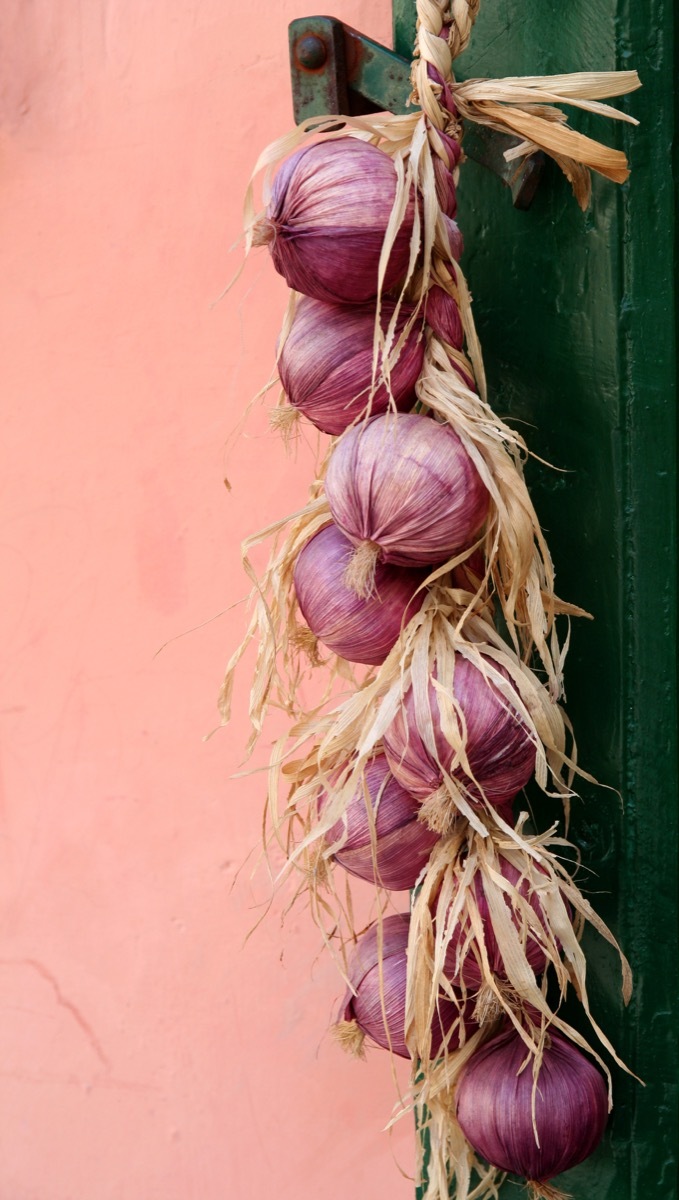 Red onions hanging from a green door