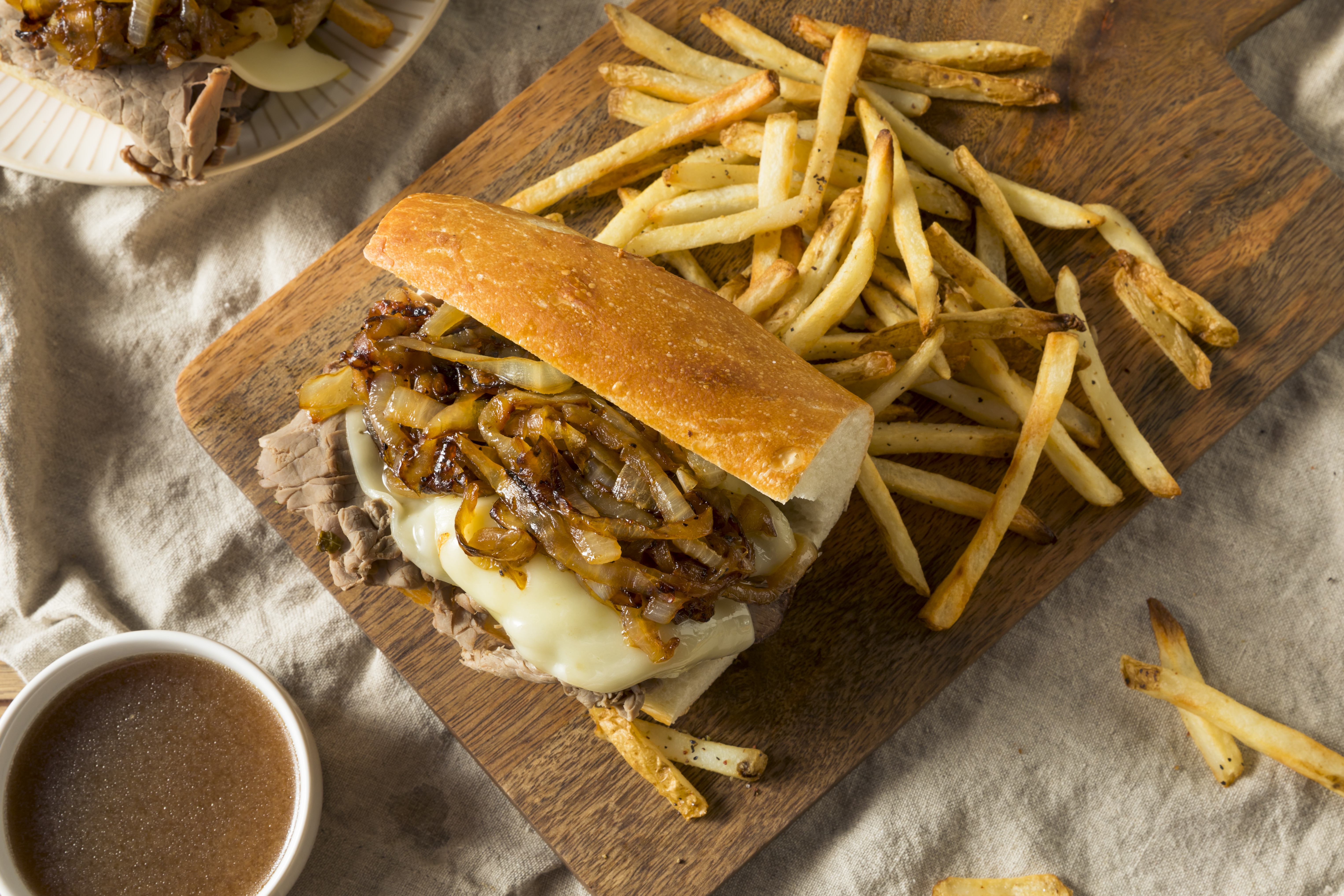 Homemade Beef French Dip Sandwich with French Fries