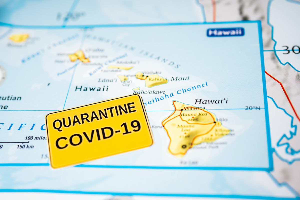 map shows Hawaii with COVID-19 label