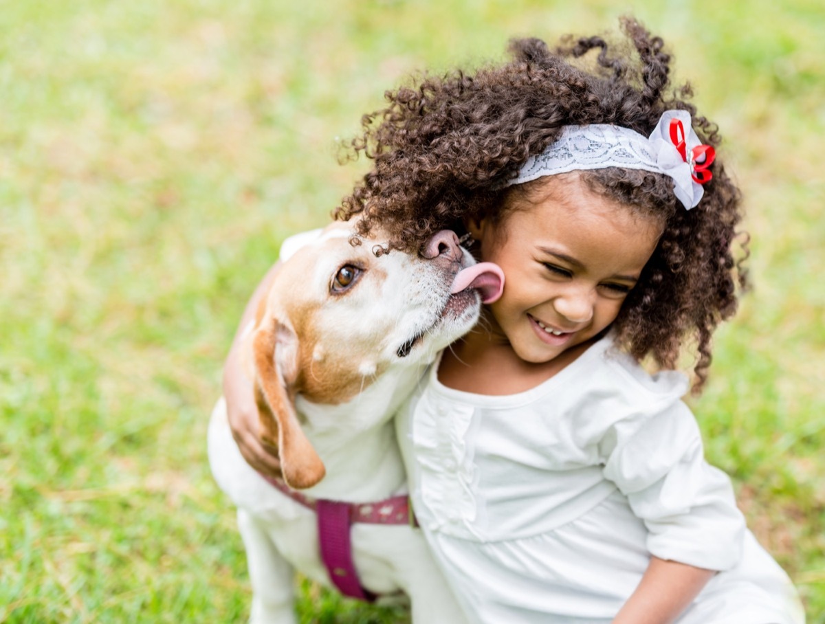 Child getting a kiss from family dog