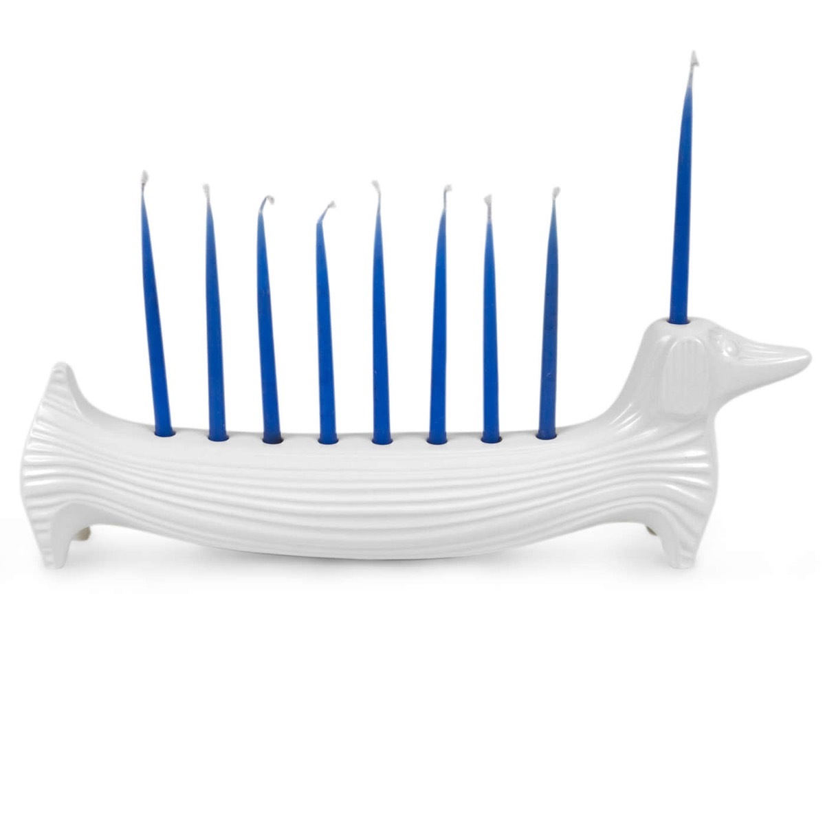 white ceramic dachshund menorah with blue candles, hanukkah decorations