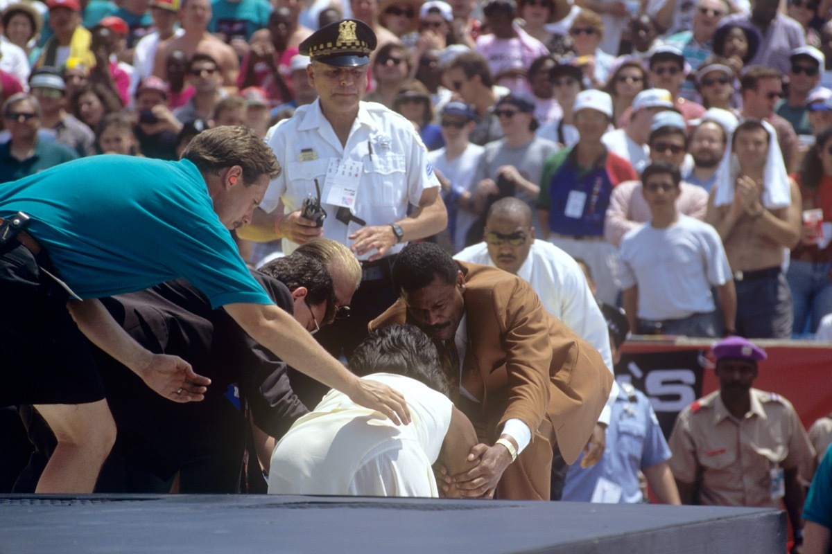 Oprah Winfrey falls at the World Cup Opening Ceremony in 1994