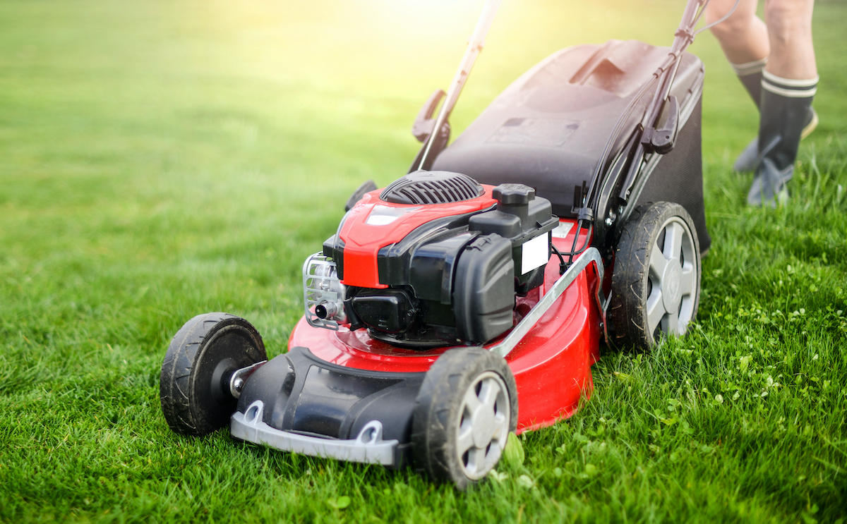 Lawn mover on green grass in modern garden