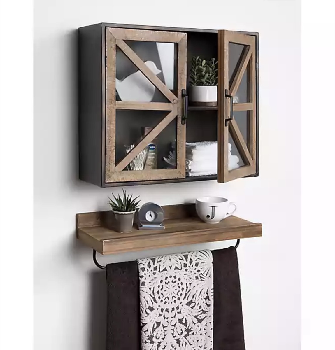 wooden medicine cabinet above wooden shelf, rustic farmhouse decor