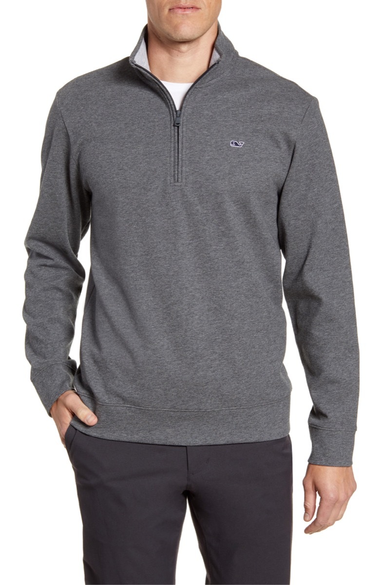 man in gray saltwater quarter zip pullover