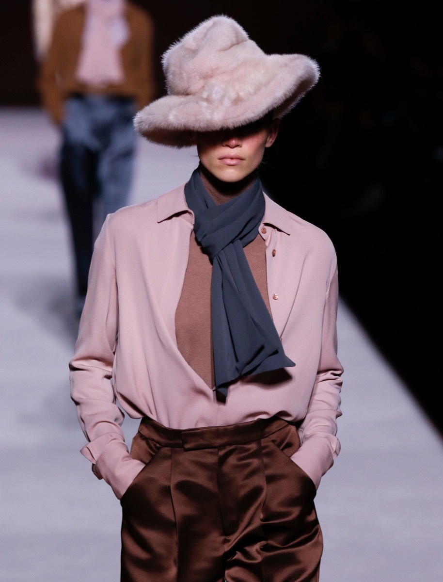 New York, New York - February 06, 2019: A model walks the runway at Tom Ford Fall Winter 2019 Fashion Show at Park Avenue Armory