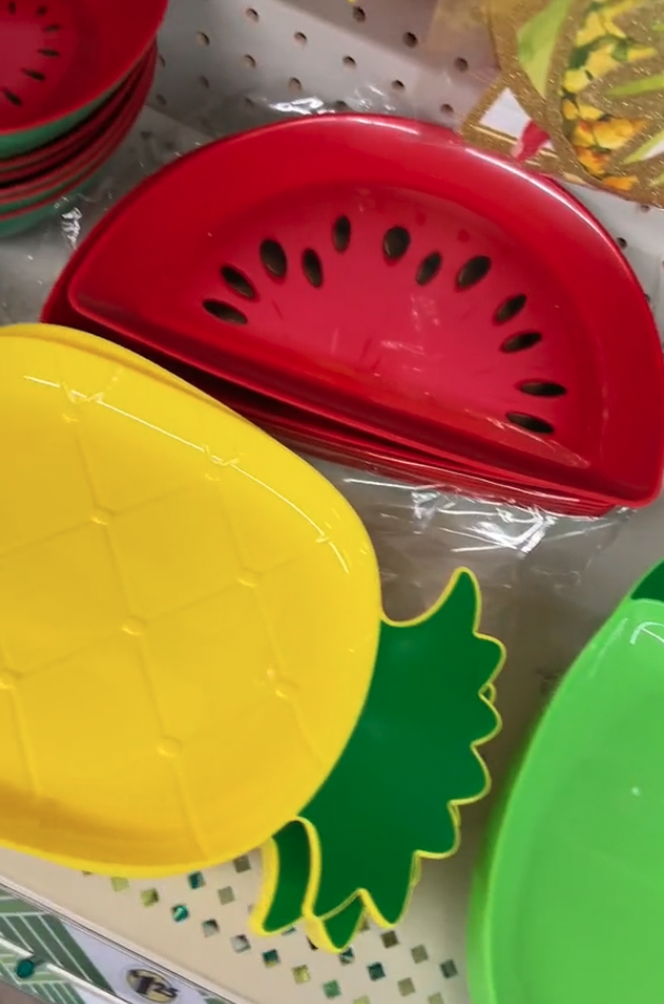 Watermelon and pineapple shaped serving trays at Dollar Tree