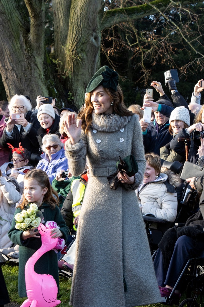 Prince William, Duke of Cambridge and Catherine, Duchess of Cambridge with Prince George and Princess Charlotte at Sandringham on Christmas Day 2019.