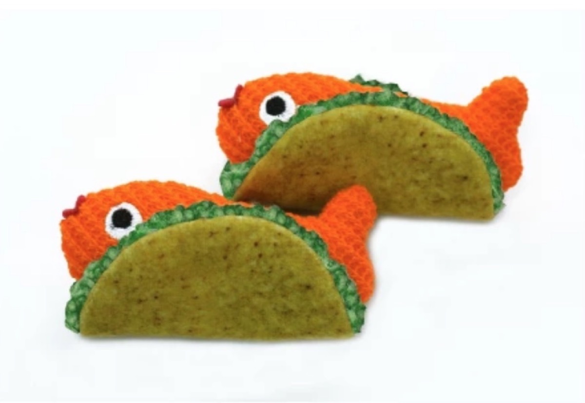 two woven fish taco cat toys, cat playground